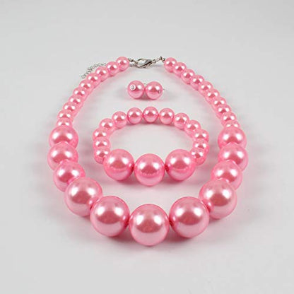 Bridal Wedding Faux Pearl Statement Necklace and Clip on Earrings Bracelet Jewelry Sets Women Bib Choker Necklace - color: Pink-Necklace+Bracelet+Clip Earrings