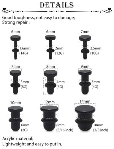 14G 12G 10G 8G 6G 4G 2G 0G 00G Ears Gauges Tunnels Plugs for Women Acrylic Flat Top Plugs with O-rings Ear Gauge Stretching Kit Expander Stretcher Plug Earrings for Piercing Jewelry - color: 14g to 00g, black