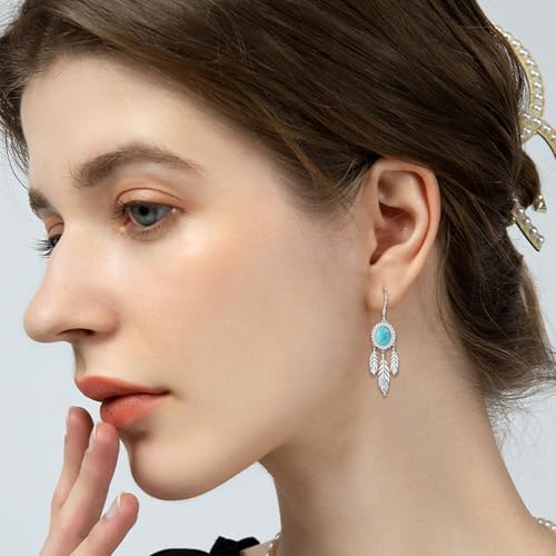 Turquoise Feather Earrings for Women - Silver Western Turquoise Earrings | Boho Feather Hook Earring Western Jewelry Gifts for Birthday