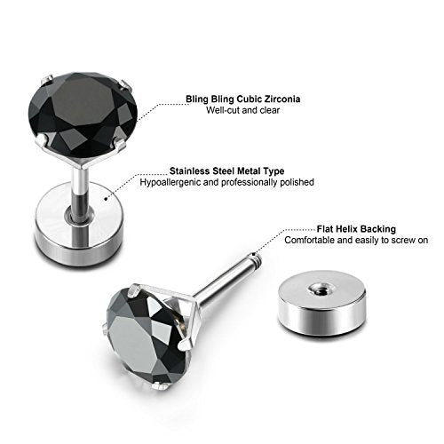 JewelrieShop Cartilage Tragus Earring Stainless Steel Stud Piercing Earring Flat Back Earrings Stud Flatback Screw Back Earrings for Women Men (16G, 6mm Bar Length, 3mm-7mm CZ, 5 Pairs) - color: 02. Steel with Jet Black CZ