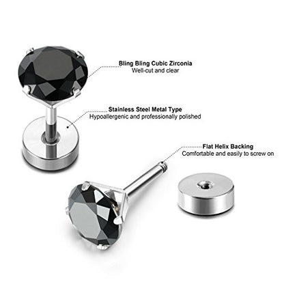JewelrieShop Cartilage Tragus Earring Stainless Steel Stud Piercing Earring Flat Back Earrings Stud Flatback Screw Back Earrings for Women Men (16G, 6mm Bar Length, 3mm-7mm CZ, 5 Pairs) - color: 02. Steel with Jet Black CZ
