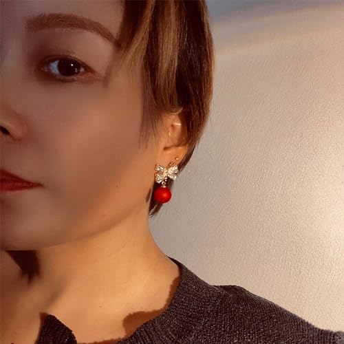 Pearl Bow Earrings for Women Coquette Aesthetic Jewelry Rhinestone Bow Earrings for Bridesmaids Wedding Party Accessories Bridal Costume Accents Bowknot Themed Gifts - color: C1: Red Pearl Bow Earrins