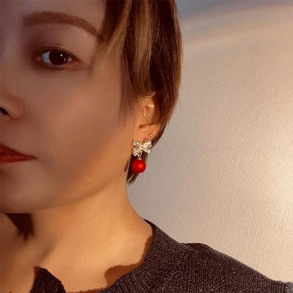 Pearl Bow Earrings for Women Coquette Aesthetic Jewelry Rhinestone Bow Earrings for Bridesmaids Wedding Party Accessories Bridal Costume Accents Bowknot Themed Gifts - color: C1: Red Pearl Bow Earrins