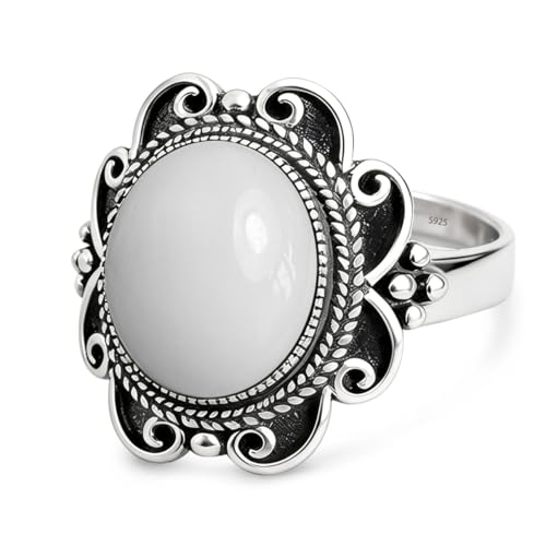 Sterling Silver Natural Stone Ring,Retro Antique Vintage Oval Genuine Real Crystal Quartz Gemstone Wide Boho Bohemian Statement Chunky Ring for Women - color: A03_White Agate