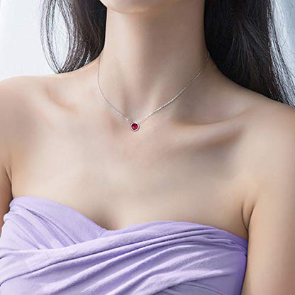 925 Sterling Silver Solitaire Cubic Zirconia Necklace for Women Teen Girls - color: July - Red