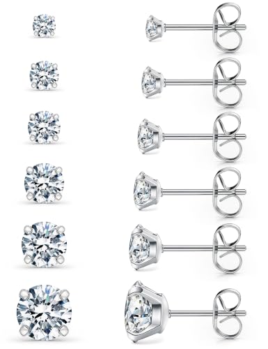 6 Pairs Stud Earrings Set, Hypoallergenic Cubic Zirconia 316L Earrings Stainless Steel CZ Earrings 3-8mm (Steel color) - color: A-001-silver