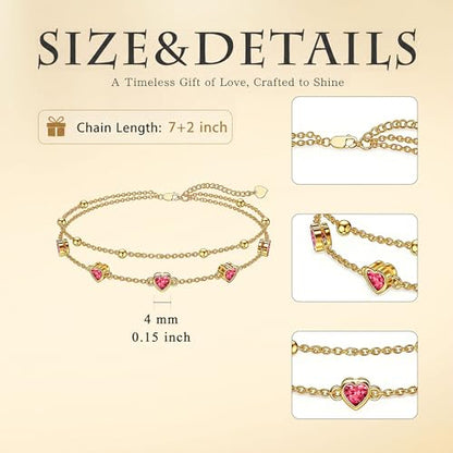 Midari 18K Yellow Gold Gemstone Birthstone Anklet Bracelet Heart Jewelry with 12 Months Birthstone Birthday Gifts for Women Wife Her Daughter Mom - color: 07-Jul-Ruby, size: Bracelet 7"-9"