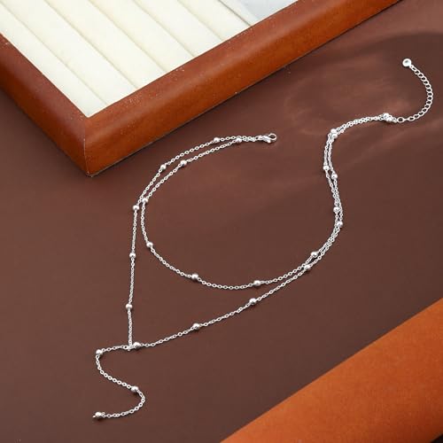 Lariat Gold Necklaces for Women Trendy Dainty Long Necklace 14k Gold Plated/Silver Layered Drop Beaded Chain Necklaces Y-shaped Pendant Necklace Simple Gold Jewelry Gifts - color: Beaded-Silver