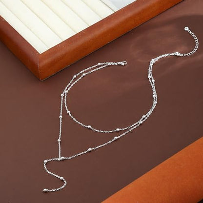 Lariat Gold Necklaces for Women Trendy Dainty Long Necklace 14k Gold Plated/Silver Layered Drop Beaded Chain Necklaces Y-shaped Pendant Necklace Simple Gold Jewelry Gifts - color: Beaded-Silver