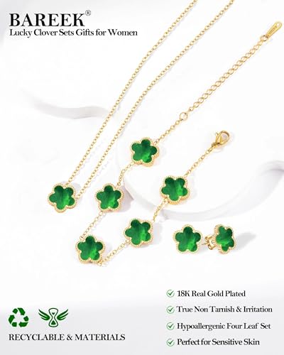 Clover Jewelry Set 3 PC - 18K Gold Plated Stainless Steel Y Necklace Four Leaf Pendant, Clover Link Bracelet Charm, Flower Earrings, Hypoallergenic Non-Tarnish,Simple Luxury Lucky Gifts for Women - color: Green