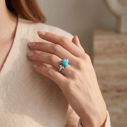MRENITE Oval Floral Ring for Women S925 Sterling Silver Gemstone Ring for Her Anniversary Birthday Engagement Promise Jewelry Gift - color: Turquoise