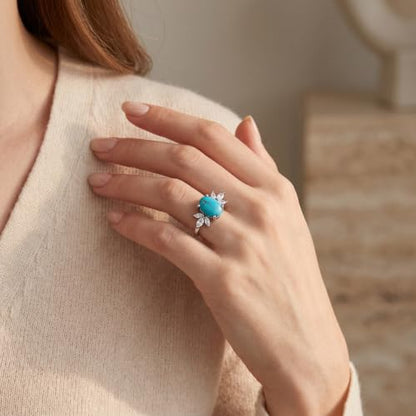 MRENITE Oval Floral Ring for Women S925 Sterling Silver Gemstone Ring for Her Anniversary Birthday Engagement Promise Jewelry Gift - color: Turquoise