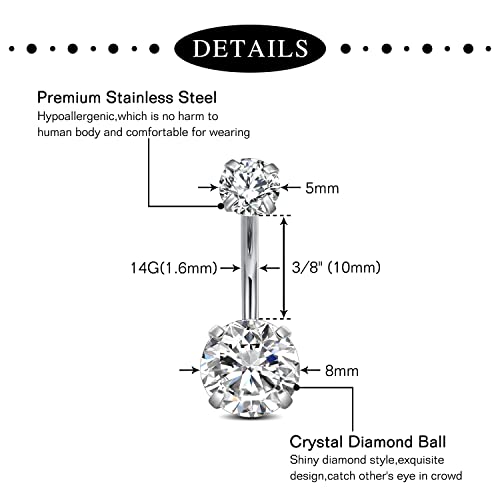 Anicina Belly Button Rings 14G Diamond CZ Belly Rings Surgical Stainless Steel Navel Rings Butterfly Heart Devil Belly Button Piercing Jewelry for Women - color: SetB-silver08