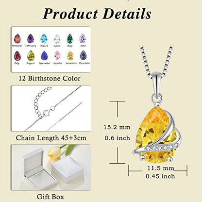 Birthstone Pendant Necklace 925 Sterling Silver Teardrop Jewelry for Women - color: Yellow