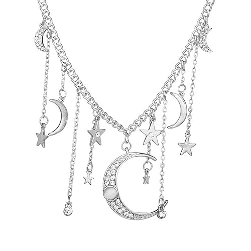 Moon Stars Tassel Pendant Necklaces Big Moon Clavicle Necklace Star Tassel Collarbone Chain Fashion Moon Choker Celestial Star Long Tassel Neck Accessories Jewelry for Women - color: Silver