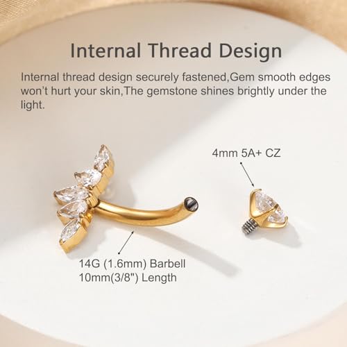 Gold Belly Button Ring, Titanium Dangle Floating Navel Piercing Jewelry - color: Gold-Lotus-10mm