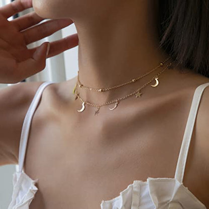 YANCHUN Layered Necklaces for Women Gold Necklace Stack Star Heart Choker Dainty Necklace Love Heart Chain Jewelry Gifts for Women - color: 2:Star moon 2pcs Gold