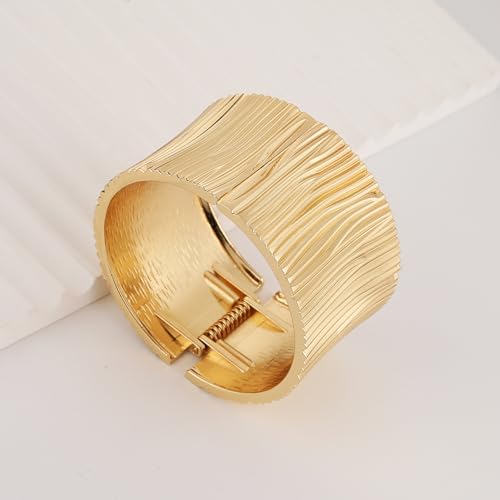 HZMAN Chunky Gold Cuff Bracelets for Women Thick Wide Bangle Bracelet Hammered Open Hinge Wrist Cuff Bracelet Jewelry Gift - color: 07.Striped 8In Gold