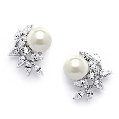 Mariell Pearl & Marquise CZ Crystal Wedding Earrings for Bride, Bridesmaids & Mother of the Bride - color: Silver
