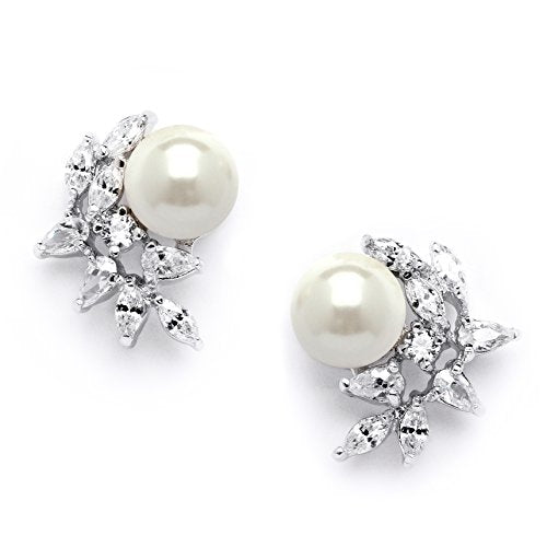 Mariell Pearl & Marquise CZ Crystal Wedding Earrings for Bride, Bridesmaids & Mother of the Bride - color: Silver