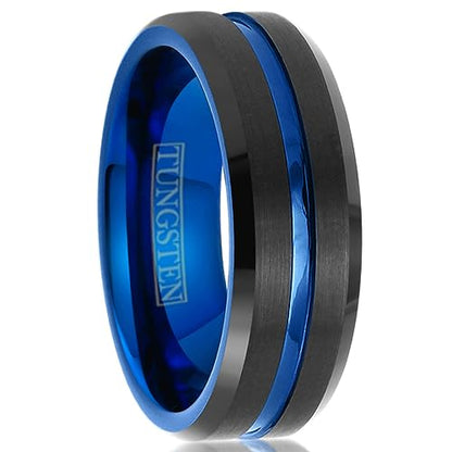 Stunning 6mm/8mm Brushed Satin Finish Black Tungsten Carbide Band Ring w/Brilliant Thin Blue Line Stripe & Matching Brilliant Blue Comfort Fit Inner Band.