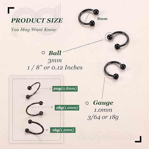 G23 Titanium 14/16/18/20G Septum Rings Horseshoe Nose Ring Jewelry | 2/3Pcs Circular Barbell Spike Lip Body Piercing Jewelry Conch Helix Tragus Earring Silver/Black 8/10/12mm 14K Gold Plated - color: Black-3pcs, size: Balls-3pcs-18g-8mm