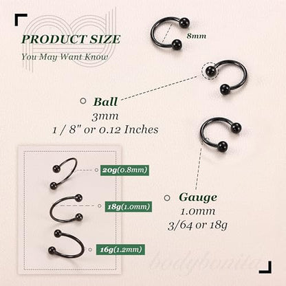 G23 Titanium 14/16/18/20G Septum Rings Horseshoe Nose Ring Jewelry | 2/3Pcs Circular Barbell Spike Lip Body Piercing Jewelry Conch Helix Tragus Earring Silver/Black 8/10/12mm 14K Gold Plated - color: Black-3pcs, size: Balls-3pcs-18g-8mm