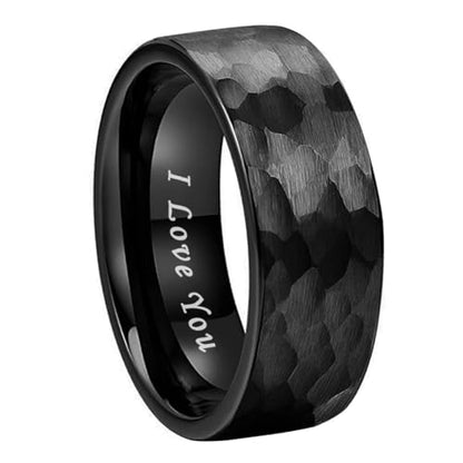 TUTISS 6mm 8mm Silver/Black/Gunmetal/Gold/Rose Gold Hammered Tungsten Rings for Men Women Couple Fashion Jewelry Engagement Wedding Bands Matte Finish Comfort Fit - color: 8mm Black I Love You Engraved