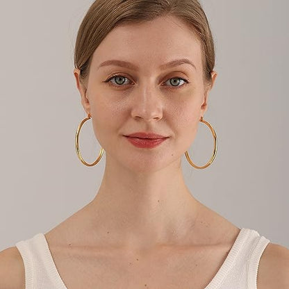 4mm Thick Gold Chunky Earrings Steling Silver Post Hoops Earrings For Women Hollow Tube Hoops Earrings Thick Gold Hoop Earrings Hypoallergenic Lightweight Gold Hoop Large Earrings 20/30/40/50/60MM - color: Gold,40mm