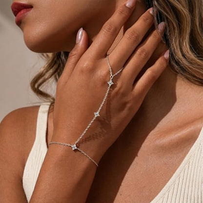 Bracelets for Women, Dainty Gold Silver Ring Bracelet Hand Chain | Cubic Zirconia Pearl Charms, 14K Gold Plated, Adjustable Fit, Trendy Stackable Link Chain, Waterproof Jewelry, Gift for Her - color: Silver-clover hand chain
