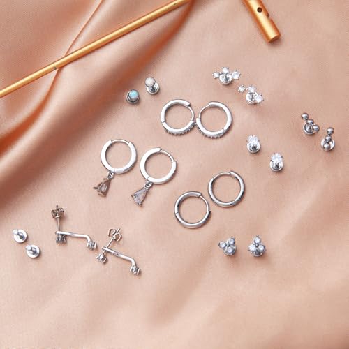 Stainless Steel Stud Earrings Set for Women Hypoallergenic Flat Back Cartilage Earrings Screw Back Huggie Hoop Earrings Multiple Piercing Cubic Zirconia Helix Tragus Jewelry - color: Set-F-Silver