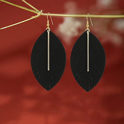 GBAHFY Feather Leather Layered Fringe Earrings for Women Boho Genuine Lightweight Leather Leaf Tassel Dangle Statement Earrings with Metal Bar - color: Black