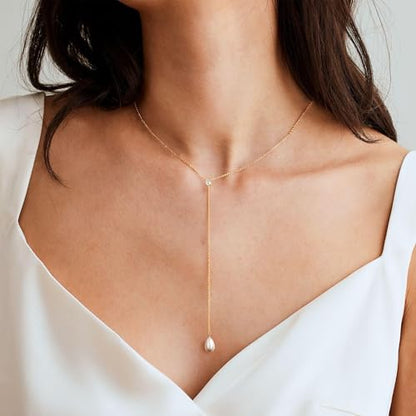 Ritach Pearl Necklaces for Women - Real Gold Plated Dainty Pearl Necklace Daisy Round Drop Pearl Choker Necklace Layered Gold Necklace for Women Teen Girls Bridesmaid Wedding Birthday Gifts - style: Gold-Y-shaped Pearl with CZ