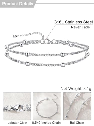 U7 Silver/Gold/Black Ankle Bracelets for Women Layered Chain Anklets | Stainless Steel Anklets Waterproof Summer Beach Anklet Charm, Adjustable 8.5"-10.5",Layered Anklet Fashion - color: Silver - Layered Ball Chain