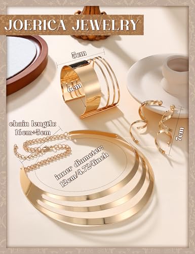 JOERICA Bib Choker Necklace Set for Women Wide Cuff Bangle Bracelets Long Statement Dangle Earrings African Costume Jewelry Set - color: Gold Tone