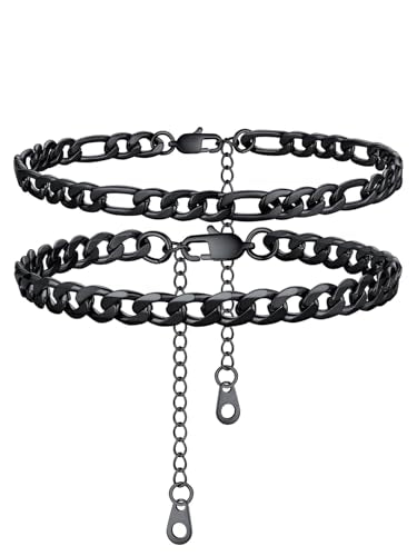 U7 2Pcs/3Pcs Ankle Bracelets for Women, Stainless Steel Cuban Link/Figaro/Rope/Heart Chain Anklets Sets,Waterproof Layered Anklets Adjustable 8.5"-10.5" - color: 01. 2Pcs Style A-Black
