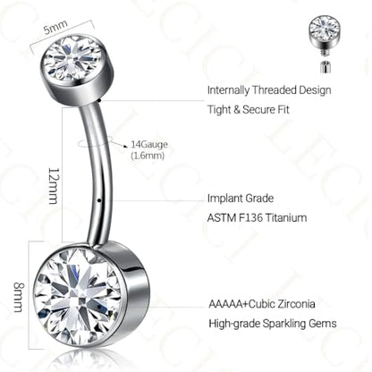 Titanium Floating Belly Button Rings 14G, ASTM F136 Implant-Grade Curved Barbell, Internal Thread with 6mm Teardrop Gems, Sparkle Navel Piercing Jewelry, 10mm/12mm Length - color: Silver-Clear cz, size: 1/2"(12mm)