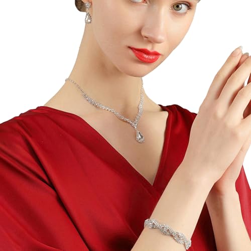 YYW 4 Pieces Women Evening Handbags Clutch Purse Bag with Rhinestone Crystal Jewelry Set for Wedding Party - color: silver 2