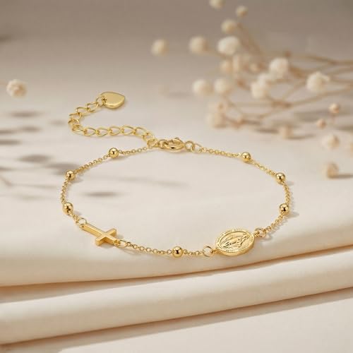 Gold Bracelets for Women 14K Gold Bracelets for Women Beaded Bracelet for Womens Polished Beads Delicate Cross and Petite Virgin Mary Charm Gold Cross Bracelet for Womens