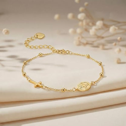 Gold Bracelets for Women 14K Gold Bracelets for Women Beaded Bracelet for Womens Polished Beads Delicate Cross and Petite Virgin Mary Charm Gold Cross Bracelet for Womens