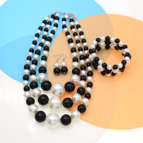 We We Imitation Pearl Necklace for Women Large Chunky Pearl Necklaces Multilayer Pearl Necklace and Earring 1920s Costume Jewelry set - color: Black white pearl necklace set