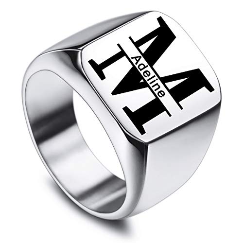VIBOOS Custom Engraved Initial Monogram Signet Ring for Men Women Mens Rings Stainless Steel, Bundle with Ring Size Adjusters - color: A2: Silver - Initial Name