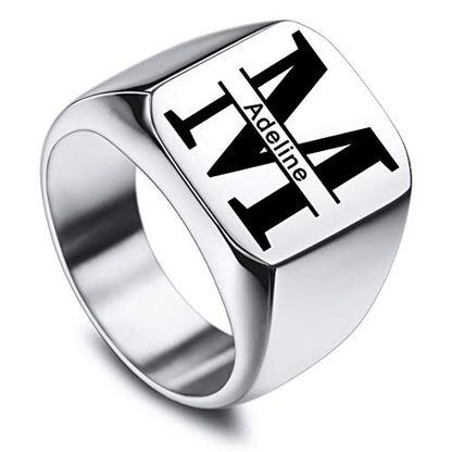 VIBOOS Custom Engraved Initial Monogram Signet Ring for Men Women Mens Rings Stainless Steel, Bundle with Ring Size Adjusters - color: A2: Silver - Initial Name