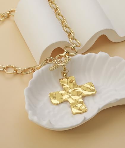 Chunky Gold Necklace for Women Trendy Non Tarnish 14K Gold Plated Paperclip Chain Charm Necklaces Chunky Heart Cross Clover Pearl Pendant Necklace with Toggle Clasp Statement Jewelry Gift for Women - color: F-Cross