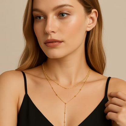 14K Gold Plated Y Necklace for Women – Dainty Lariat Long Pendant Chain, Layered Drop Necklace for V Neck Dress, Simple Sexy Cleavage Jewelry Gifts for Women - color: Gold - Double Layer - Bead