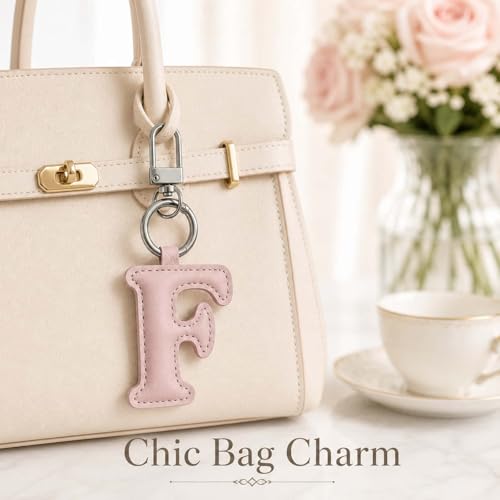 Initial Letter Keychain,Stainless Steel,Colorful Faux Leather Keyring for Backpack,Purse,Car Keys,Gift for Men Women - color: F