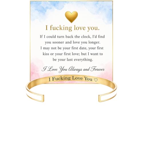 I Fcking Love You Cuff Bracelet For Women, Enamel Open Adjustable Stainless Steel I F Love You Bracelets Engraved Heart Vintage Funny Romantic Promise Rings Inspirational Wife Husband Jewelry Gifts - color: Love Gold White