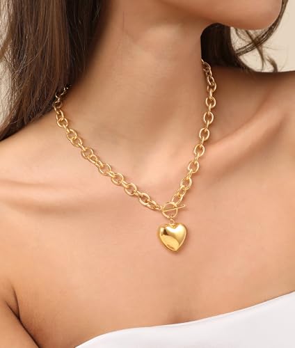 CHESKY 14K Gold Plated Chunky Necklace for Women, Trendy Toggle Clasp | Statement Pendant Necklace, Layered Paperclip Chain, Toggle Clasp Design, Thick Gold Chain, Non Tarnish Everyday Jewelry - color: gold, style: heart