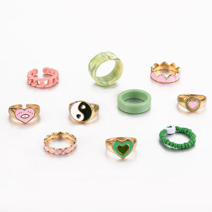 Gold Stackable Ring Sets Yin Yang Patterns Adjustable Alloy Finger Rings for Punk Boho & Daily Wedding Jewelry - color: Multicolor2