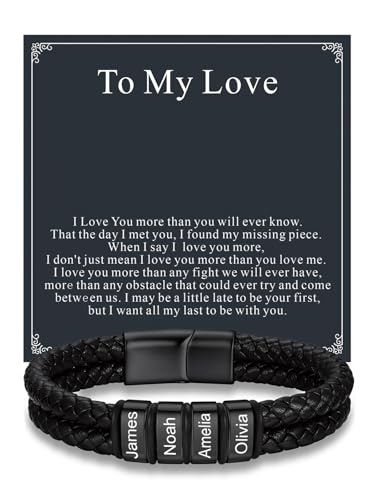Custom4U Personalized Braided Leather Bracelet for Men with Name Engraved | 1-5 Name Engraving, Stainless Steel Bead, 7.5/8.3/9 Inch Black Leather, Gift Design for Men with Custom Keepsake Cards - color: 02-Black Color-To My Love, size: 4 Names
